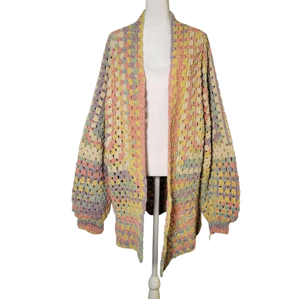 Handmade Crochet Hexagon Cardigan Pastel Granny Square Boho Sweater Oversized